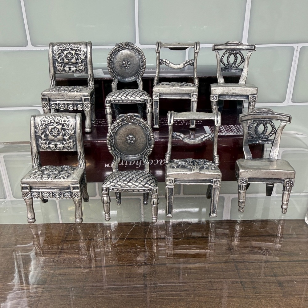VTG Sixtrees Pewter Miniature Chairs Place Card Holders Set 8 Orig Box